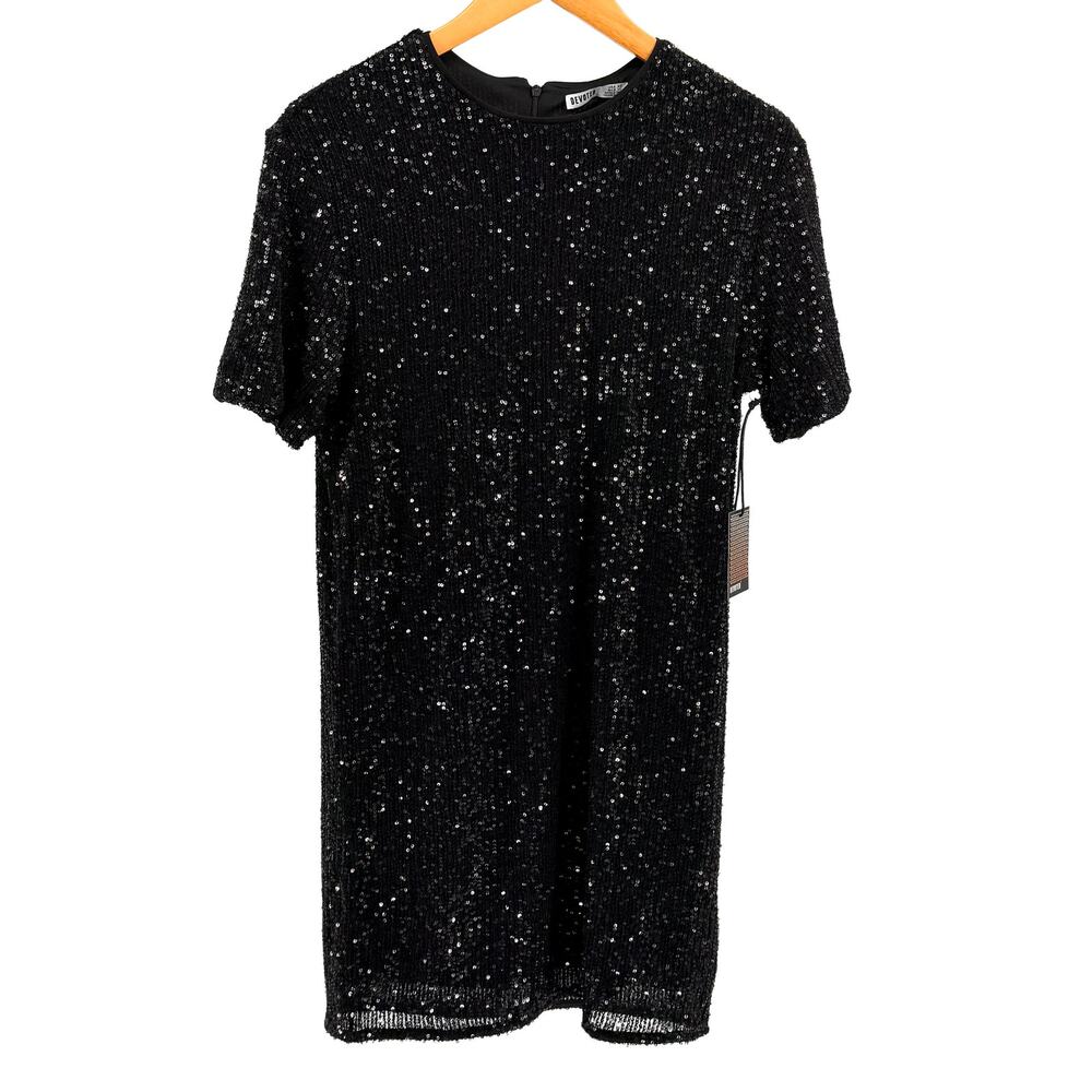 NEW Devoted Black Sequin Short Sleeve Minimalist Mod Mini Dress